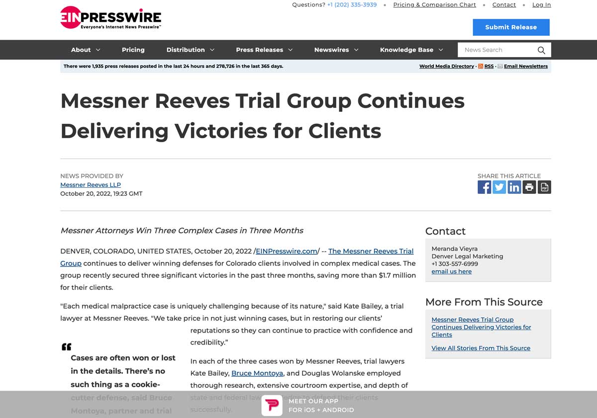 Messner Reeves Greenwood Village Partners Obtain Jury Verdict Against Plaintiff with Five Attorney Team