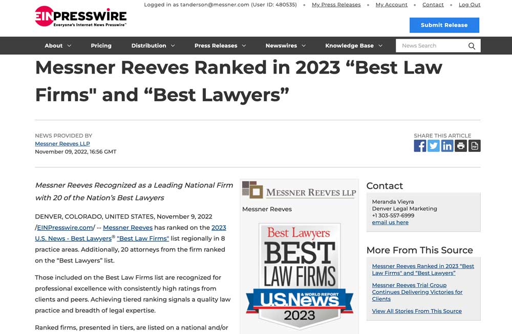 Messner Reeves Receives Several 2023 U.S. News – Best Lawyers® "Best Law Firm" Rankings